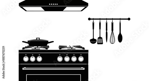 Kitchen stove with cooking utensils and range hood illustration.