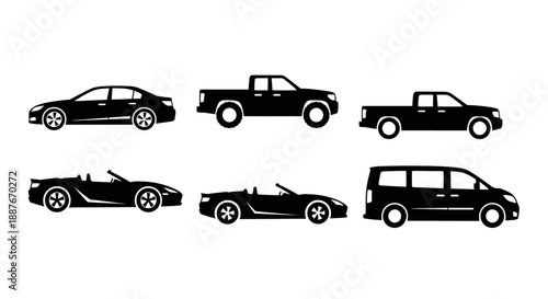 Collection of Black Car Silhouettes on White Background.