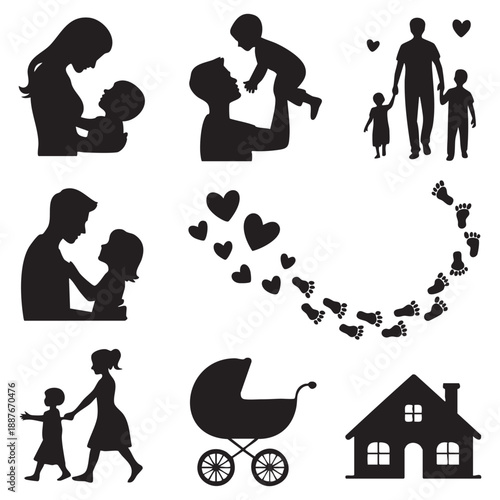 Black silhouettes of family life symbols and moments baby mother father