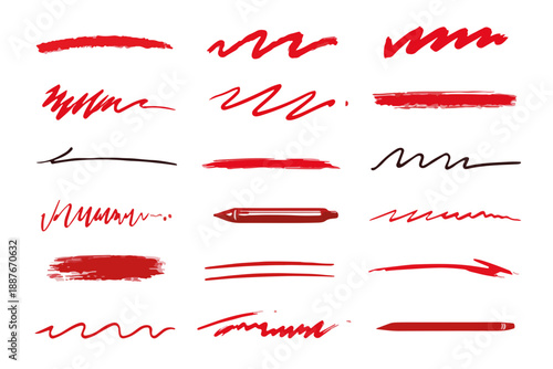 다양한 빨간색 밑줄과 선, 펜으로 그린 듯한 효과, 투명한 배경에 디자인 요소로 활용 가능