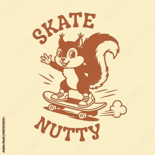 Cute cartoon squirrel skateboarding with text skate nutty.