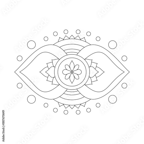 Hand drawn Third Eye Chakra mandala vector. Manually sketched Ajna symbol featuring two large petals and center eye. Spiritual outline for intuition and indigo energy. 