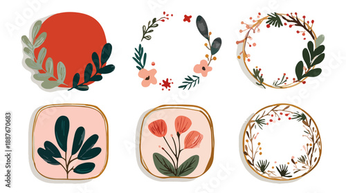 다양한 식물과 꽃 모티브를 활용한 수채화 스타일의 동그란 프레임 디자인 세트