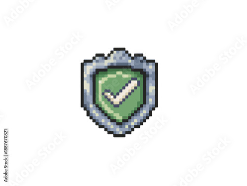 픽셀 아트 스타일의 투명한 보호막 아이콘, 녹색 체크 표시가 있는 은색 방패 모양