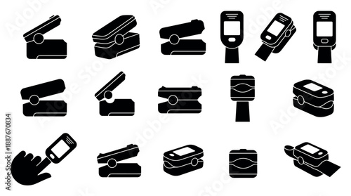 Collection of pulse oximeter and stapler icons in various angles.