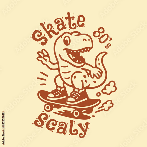 Retro Dinosaur Skater TRex Riding Skateboard with Skate 80s Scaly Text.