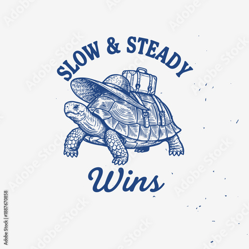 Vintage Engraved Turtle with Hat and Suitcase Slow and Steady Wins.