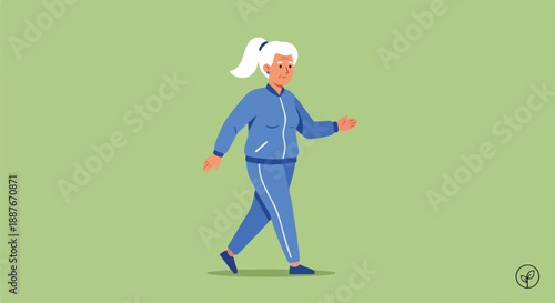 Elderly Woman in Blue Tracksuit Walking Against Green Background