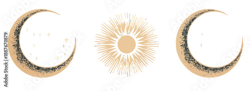 황금빛 태양과 초승달, 별이 빛나는 밤하늘의 신비로운 조화