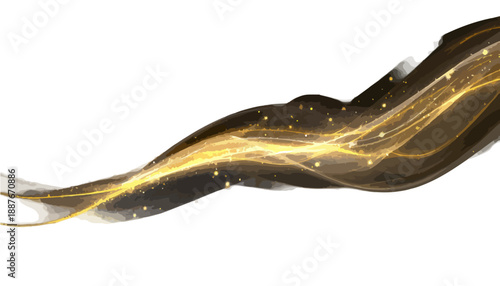 황금빛 빛줄기가 부드럽게 흐르는 반짝이는 추상적인 연기 효과, 투명한 배경에 금색 입자가 떠다닙니다.