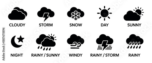 Weather Forecast Icon Set Vector Featuring Rain, Storm, Snow, Cloudy, Sunny, Windy, Day, Night, Summer, and Winter Symbols