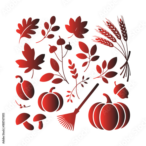 Collection of red gradient autumn leaves pumpkins acorns wheat and rake
