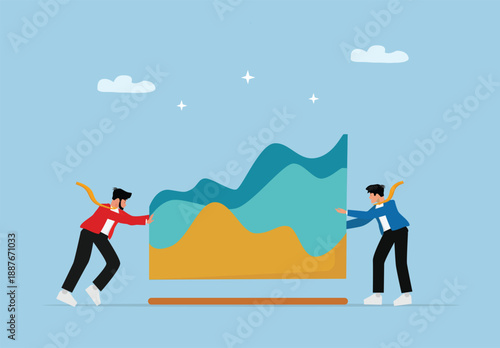 Collaborative Teamwork Pushing Multilayer Area Chart for Business Data Visualization, Growth Strategy, and Analytical Success Concept