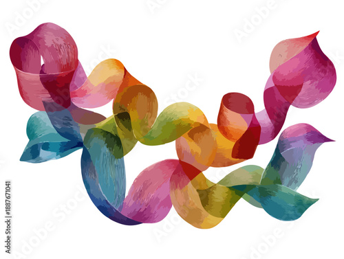 다채로운 색상의 물결 모양 추상 미술 작품으로, 투명하고 부드러운 질감이 표현된 현대적인 디자인입니다.