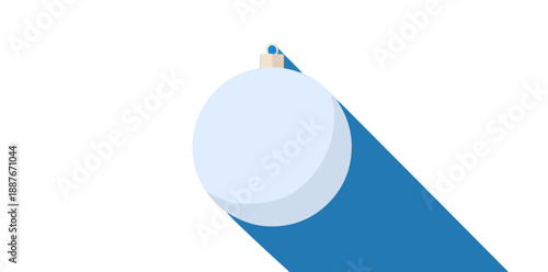 하늘색 크리스마스 장식 공이 긴 그림자를 드리우며 하얀 배경에 떠 있습니다.