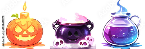 할로윈 테마의 잭오랜턴, 마녀 가마솥, 마법 물약 일러스트