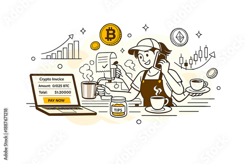 Image Generation. Small business using crypto payments. Laptop on a café counter showing a crypto invoice,