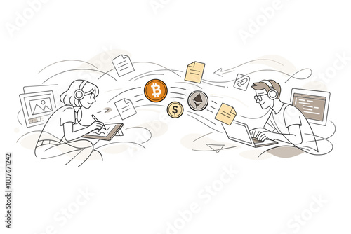 Image Generation. Decentralized freelance platform with crypto payments. Designer and developer collaborating