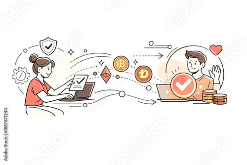 Image Generation. Crypto-enabled freelance marketplaces. Freelancer sending completed work as crypto icons