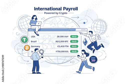 Image Generation. International payroll powered by crypto. Company dashboard showing multiple countries paid