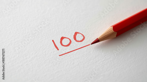 A close-up photograph features a red colored pencil on white textured paper, with the number 100 handwritten in red and underlined. The image utilizes soft natural lighting .