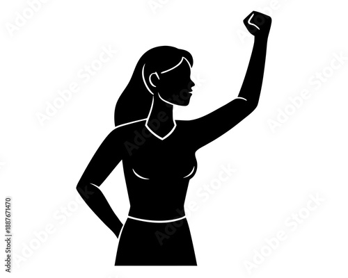 Woman raising fist for equality silhouette vector illustration, isolated on white background