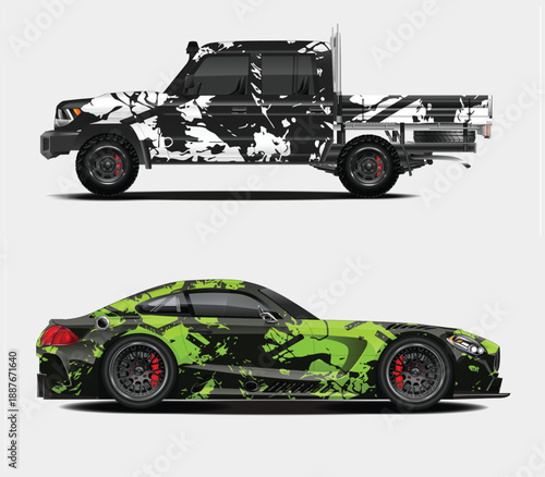 Stylish vehicles with unique paint splatter designs displayed