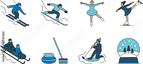 Winter Sports Outline Icon Set  Skiing, Snowboarding, and Ice Adventures