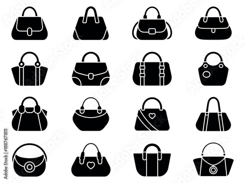 Women Handbag and Purse Silhouette Icon Set Vector Featuring Shoulder Bags, Tote Bags, Clutch, and Luxury Handbag Styles