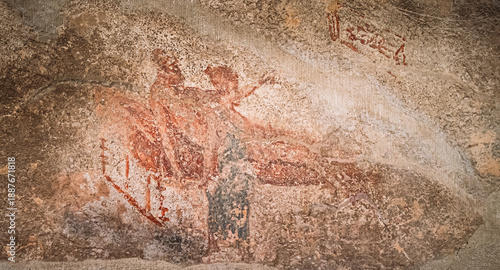 Obraz na plátně Pompeii, Italy. Fresco Sex Scene On Wall Of Lupanar Of Pompeii