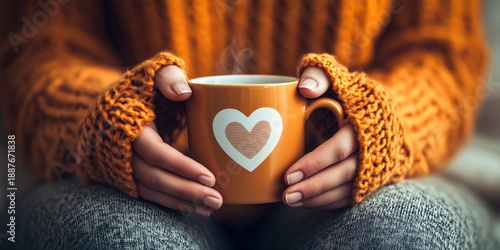 Close-up of hands holding a warm mug with heart symbol, representing mental health, self care, emotional wellbeing, comfort, and mindfulness in a cozy setting
