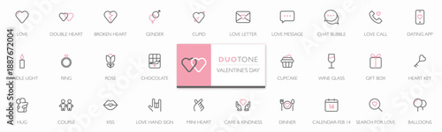 Minimalist Valentine’s Day icon set with duotone editable stroke design. Modern flat line icons featuring love, romance, gifts, couples, pink heart and emotions. Perfect for apps, web, UI and print