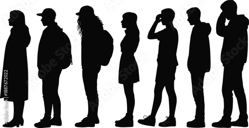 Silhouette of diverse people standing in queue line isolated on white background representing waiting, social behavior, crowd, society, patience, daily life, and human interaction concept