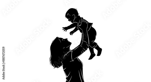 Mother lifts baby in silhouette against white background.