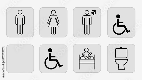 Collection of restroom signs for different facilities.