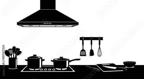 Kitchen cooking appliances and utensils illustration.