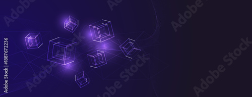 Futuristic technology banner with abstract geometric wireframe cubes and digital innovation