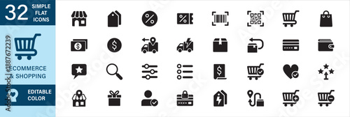 E-commerce and online shopping icon set in flat simple design. Contains icon symbol of shopping cart, flash sale, store, price tag, discount, coupon, truck, delivery, package, rating, review, gift box