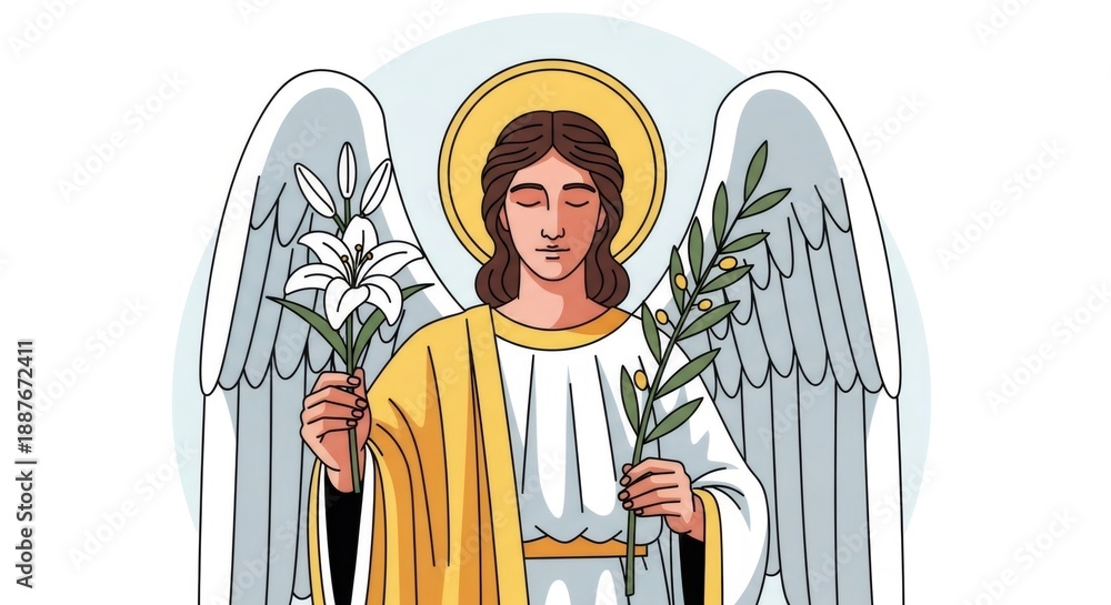 Fototapeta premium Angel with closed eyes and halo holding an olive branch and lily flower. Christian religious illustration for Palm Sunday and Easter.