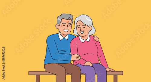 Happy Elderly Couple Sitting Together on a Bench, Illustration