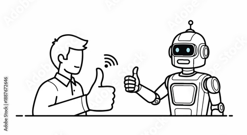 Human and Robot Give Thumbs Up, Connected by Wi fi