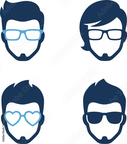 Male avatar face icon set vector with glasses beard and different eyewear styles minimalist character design isolated