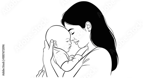 Mother holding her baby with love and tenderness illustration.