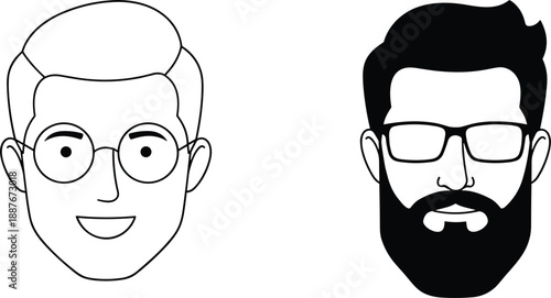 Male avatar face icon set vector with glasses beard and outline filled styles isolated on white background design