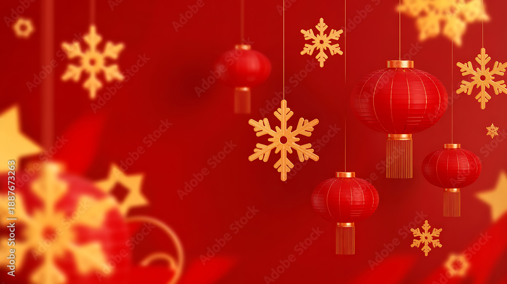Fototapeta premium Festive Red Chinese New Year Banner with Hanging Lanterns and Golden Paper Cut Snowflake Ornaments for Oriental Celebrations