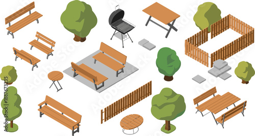 Isometric park furniture set, wooden benches, picnic tables, barbecue grill, trees, fences, outdoor elements, urban garden illustration isolated