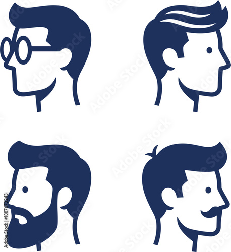 Male profile avatar icon set vector with side view faces different hairstyles and beard styles isolated white background