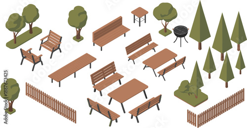 Isometric park furniture set, wooden benches, picnic tables, barbecue grill, trees, fences, outdoor elements, urban garden illustration isolated