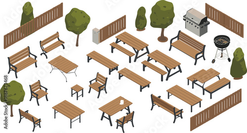 Isometric park furniture set, wooden benches, picnic tables, barbecue grill, trees, fences, outdoor elements, urban garden illustration isolated