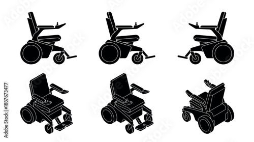 Collection of six electric wheelchairs in various perspectives showcasing modern mobility aids.